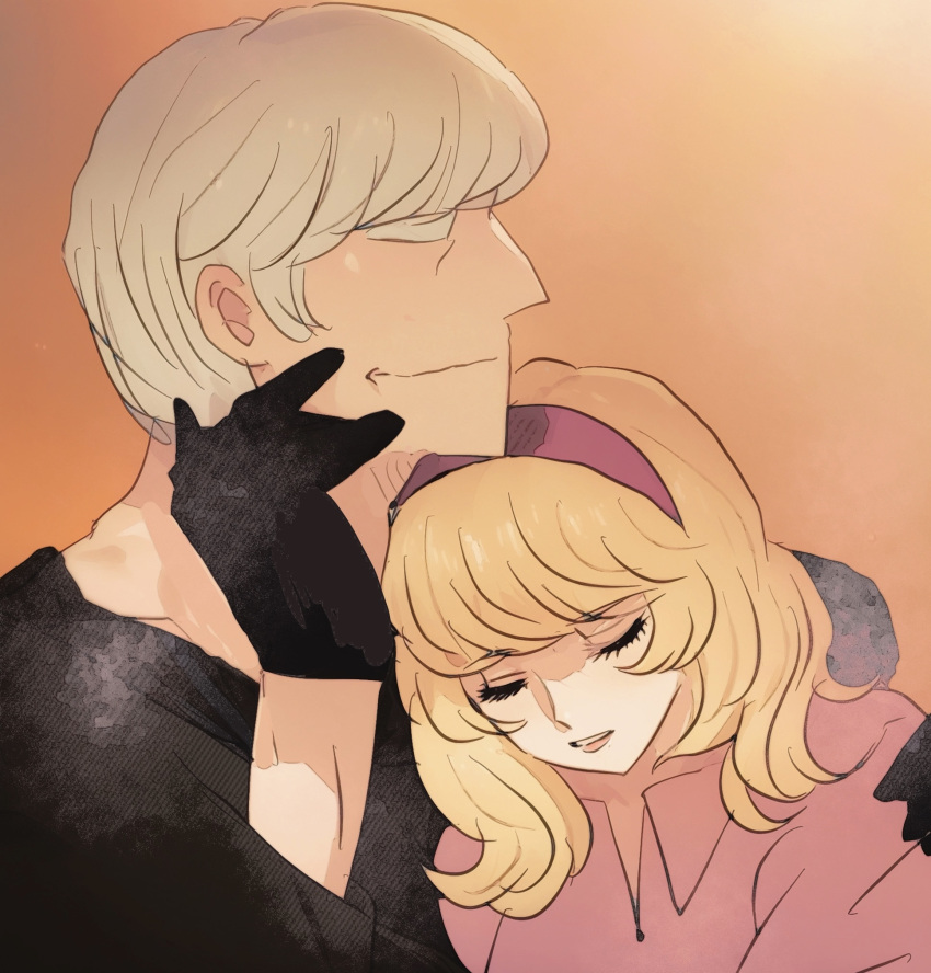 1boy, 1girl, albert_heinrich, black_coat, black_gloves, blonde_hair, closed_eyes, coat