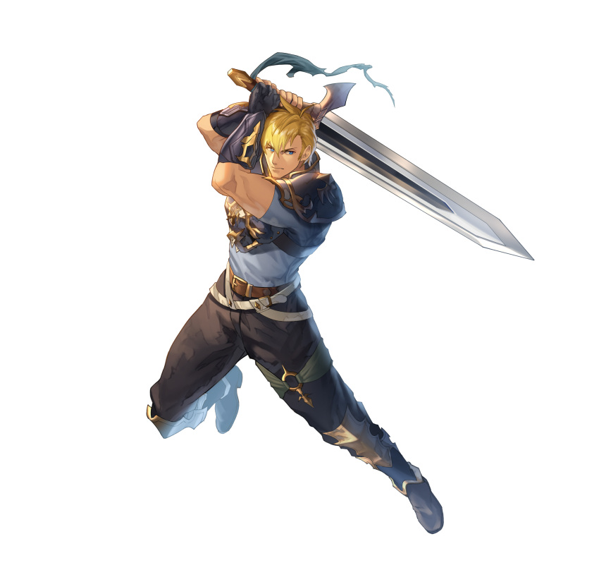 1boy, absurdres, armor, blonde_hair, blue_eyes, chulainn_(fire_emblem), fire_emblem, fire_emblem:_genealogy_of_the_holy_war, fire_emblem_heroes, full_body, greatsword, highres, holding, holding_sword, holding_weapon, male_focus, muscular, muscular_male, official_art, shimomura_watari, solo, sword, two-handed, two-handed_sword, weapon, white_background