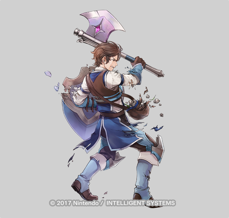 1boy, aged_down, axe, brown_eyes, brown_gloves, brown_hair, clenched_teeth, copyright_notice