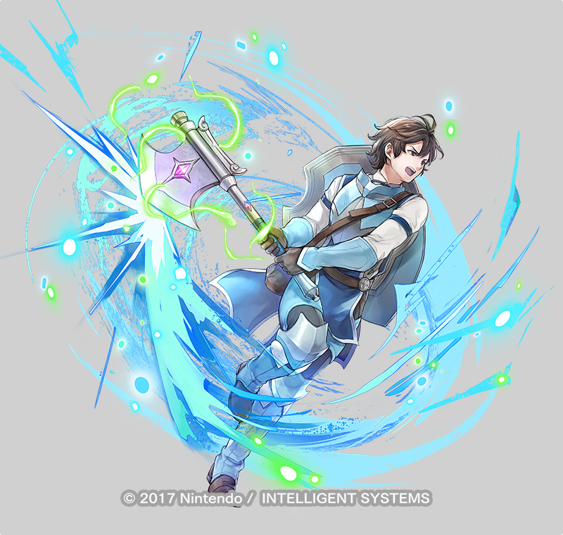 1boy, aged_down, attack, axe, brown_eyes, brown_gloves, brown_hair, copyright_notice