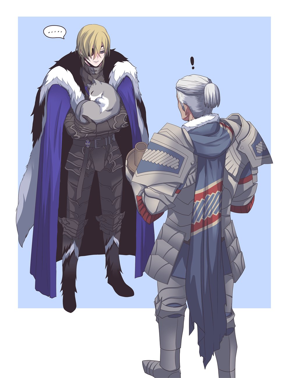 !, ..., 2boys, animal, arm_up, armor, armored_legwear, bags_under_eyes