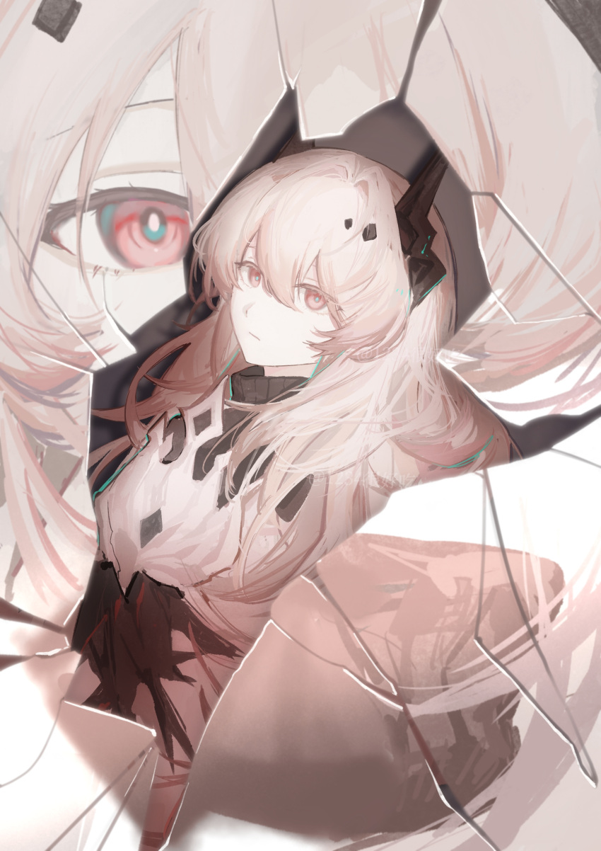 1girl, absurdres, arknights, black_horns, bright_pupils, broken_glass, chinese_commentary, closed_mouth