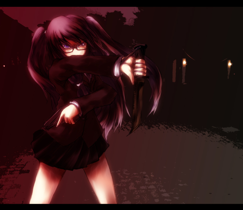 akenoin, bad_id, black_hair, dual_wielding, glasses, gun, hyoudou_kiriko, knife