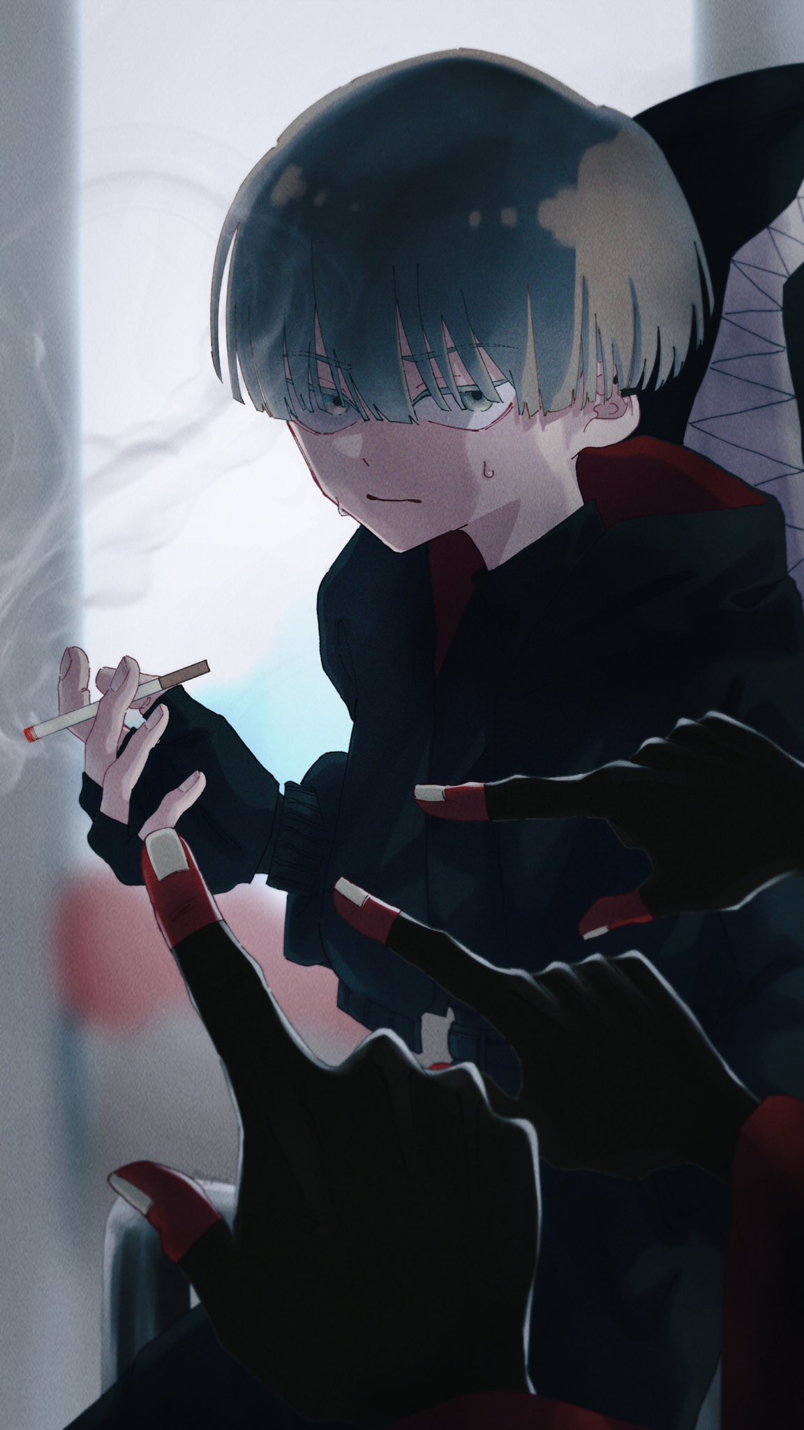 1boy, aqua_hair, black_gloves, character_request, cigarette, closed_mouth, eve_(musician), fingerless_gloves, fingernails, gloves, grey_eyes, haru_(cyp3_d), highres, holding, holding_cigarette, smoke, smoking, song_request, sweatdrop, tagme, white_nails