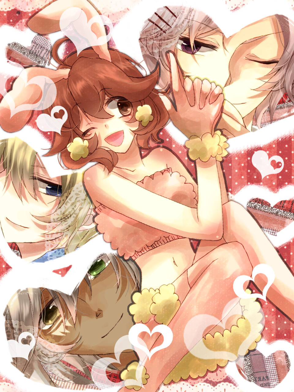 bad_id, blonde_hair, blue_eyes, brown_eyes, brown_hair, bunny_ears, chase_(harvest_moon), gale_(harvest_moon), gill_(harvest_moon), gloves, hair_ornament, hairclip, harvest_moon, harvest_moon_animal_parade, harvest_moon_tree_of_tranquility, heterochromia, highres, midriff, molly_(harvest_moon), pink_legwear, pink_thighhighs, purple_eyes, ruirui69, thigh-highs, thighhighs, violet_eyes, wink, wizard_(harvest_moon)