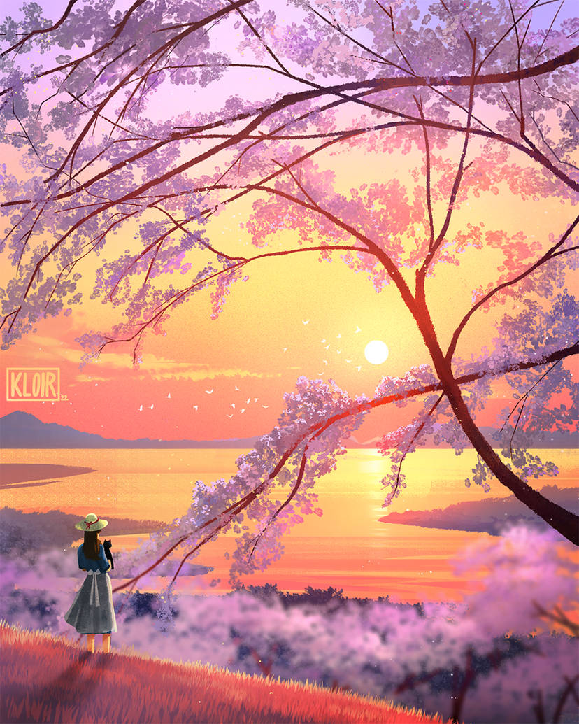 1girl, bird, branch, cat, cherry_blossoms, commentary, dress, english_commentary, facing_away, from_behind, hat, kloir, lake, landscape, mountainous_horizon, orange_sky, original, painterly, red_grass, reflection, reflective_water, scenery, sky, straw_hat, sun, sunlight, sunset, yellow_sky