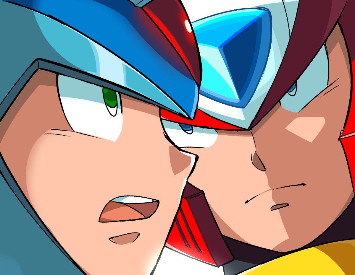 2boys, android, armor, blue_armor, blue_eyes, blue_helmet, closed_mouth, dragon_ball, forehead_jewel, from_side, green_eyes, helmet, male_focus, mega_man_(series), mega_man_x_(series), multiple_boys, open_mouth, red_helmet, robot, sensei_haruki_suetsugu_(style), simple_background, watashi_wa_dink, white_background, x_(mega_man), zero_(mega_man)