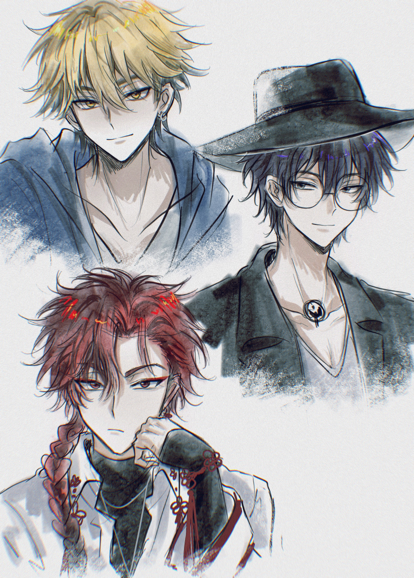 3boys, absurdres, bishounen, black_jacket, black_shirt, black_sweater, blonde_hair, braid