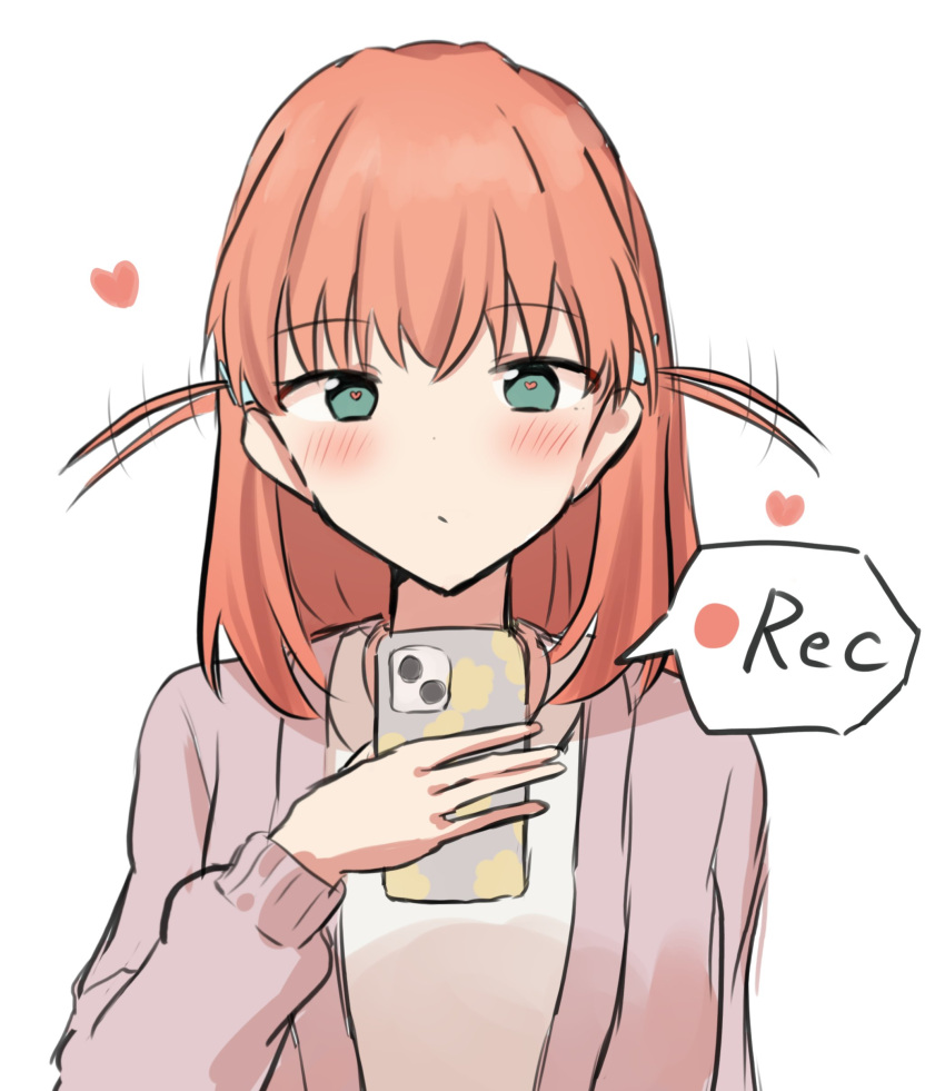 1girl, :/, absurdres, aqua_eyes, blush, cardigan, cellphone, closed_mouth, crossed_bangs, expressive_hair, hair_ornament, heart, heart-shaped_pupils, highres, hinoshita_kaho, hinoshita_kaho_(winter_loungewear), hisho_(rythm_hisho), holding, holding_phone, iphone, link!_like!_love_live!, long_sleeves, love_live!, medium_hair, open_cardigan, open_clothes, orange_hair, phone, pink_cardigan, rabbit_hair_ornament, recording, shirt, simple_background, smartphone, solo, symbol-shaped_pupils, two_side_up, upper_body, virtual_youtuber, white_background, white_shirt