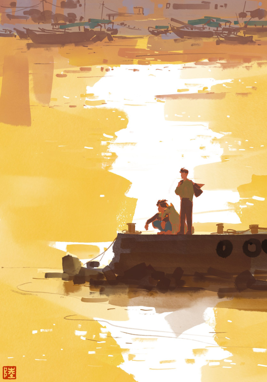 1boy, 1girl, animal, dog, highres, looking_to_the_side, neo1900, orange_sky