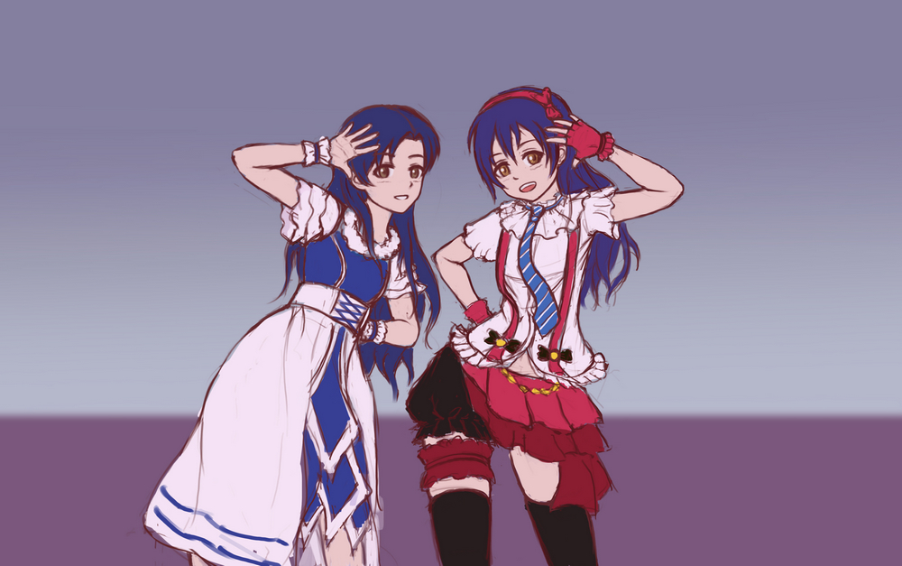 2girls, animelo_summer_live, black_thighhighs, blue_dress, blue_hair, blue_necktie, bokura_wa_ima_no_naka_de, brown_eyes