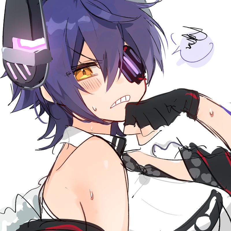 1girl, black_gloves, black_jacket, breast_pocket, breasts, checkered_necktie, eyepatch, fur-trimmed_jacket