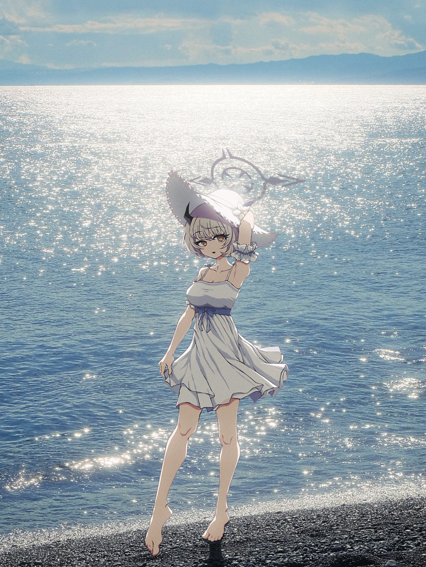 1girl, arm_behind_head, armpits, bare_shoulders, barefoot, blue_archive, blush, demon_girl