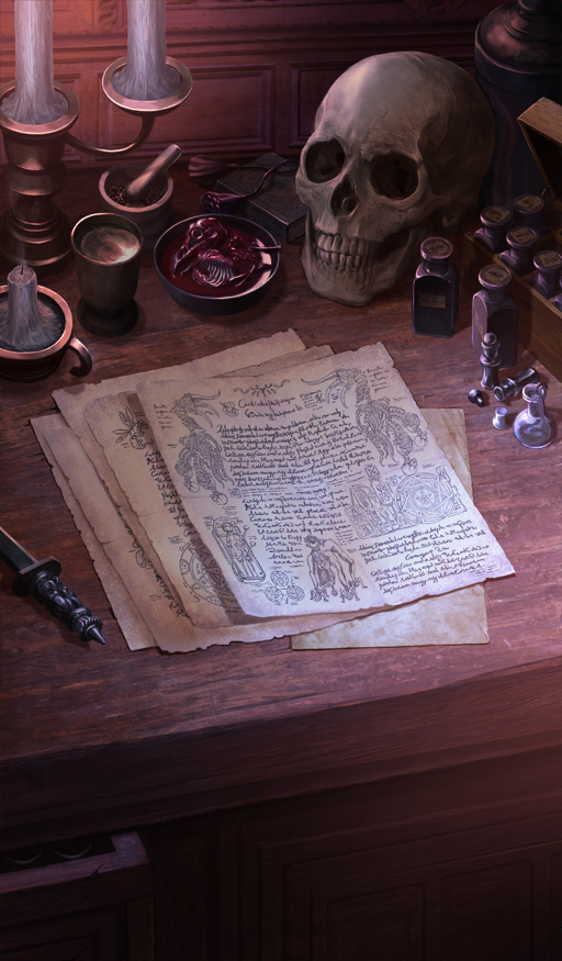 akitaken_(non_faciem), bottle, brown_background, brown_theme, candelabra, candle, candlestand, commentary, cup, fate/grand_order, fate_(series), letter, letter_opener, no_humans, official_art, paper, pestle, skull, smoke, still_life, third-party_source