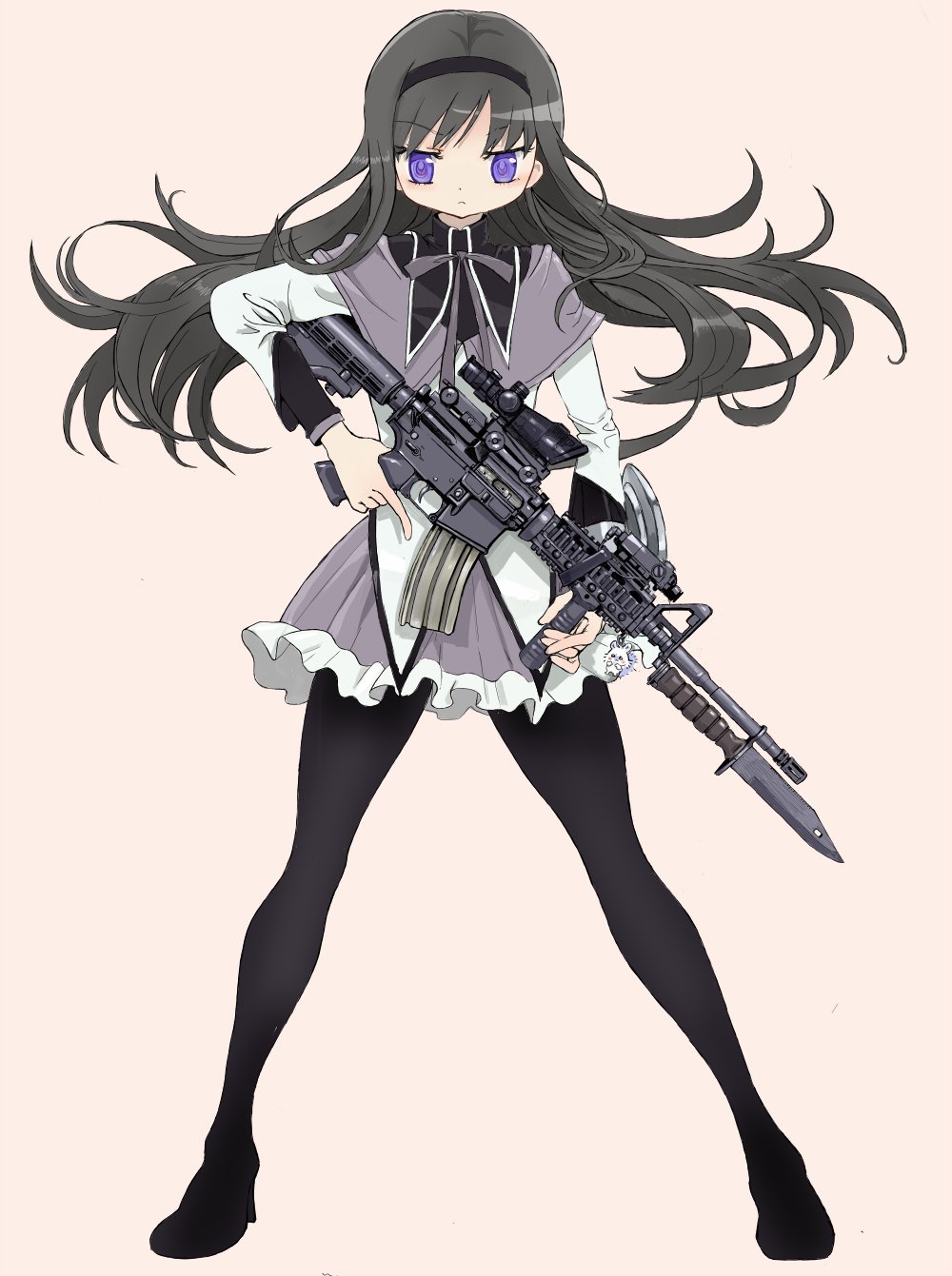 1girl, akemi_homura, assault_rifle, bayonet, black_hair, full_body, gun, highres