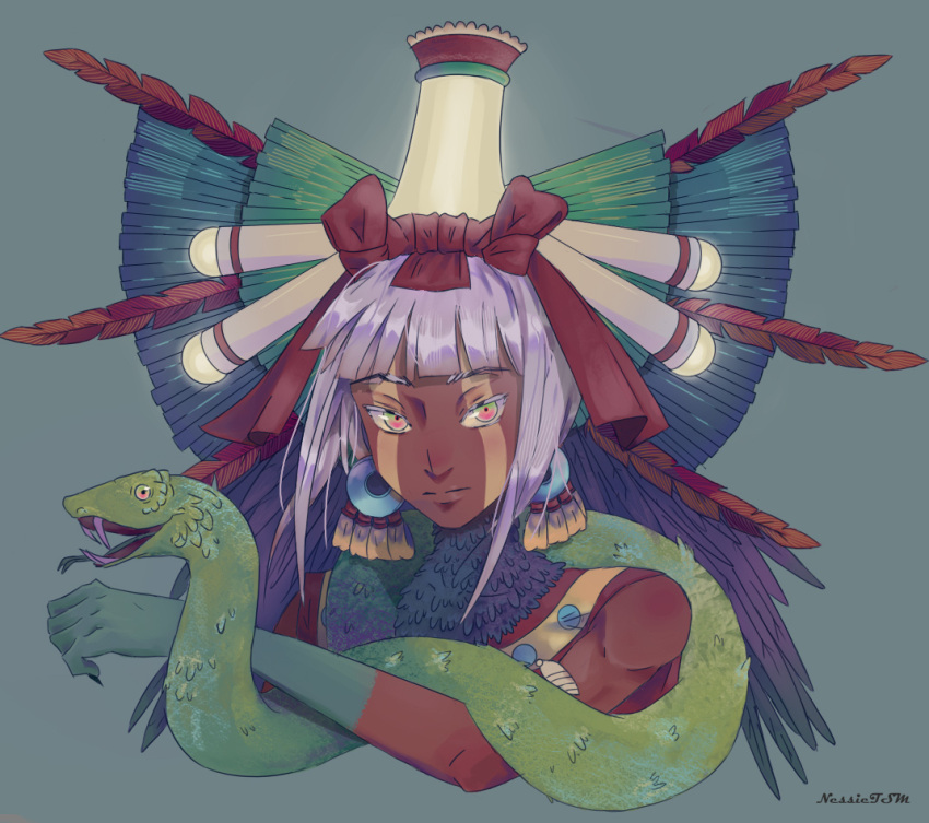 1boy, aztec, dark-skinned_male, dark_skin, facial_mark, gradient_eyes, headdress, looking_at_viewer