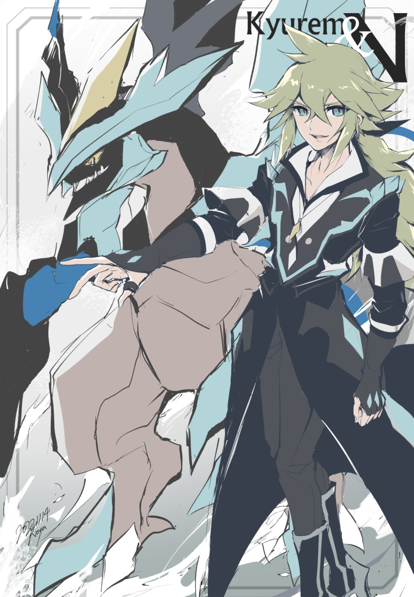 1boy, black_coat, black_kyurem, character_name, coat, colored_sclera, green_hair, highres