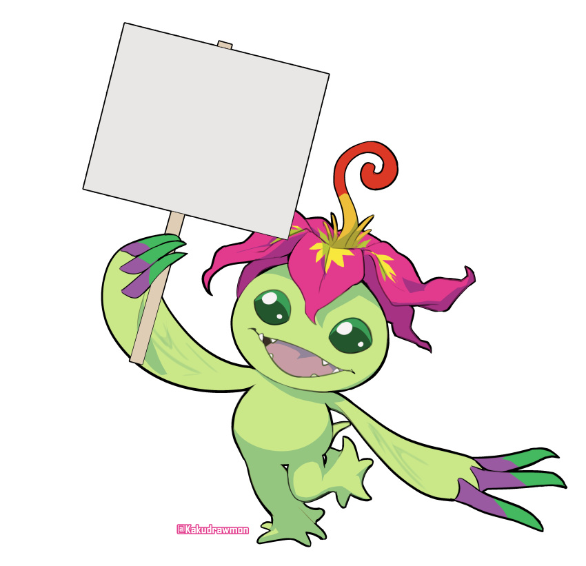 absurdres, digimon, digimon_(creature), flower, full_body, highres, holding, holding_sign