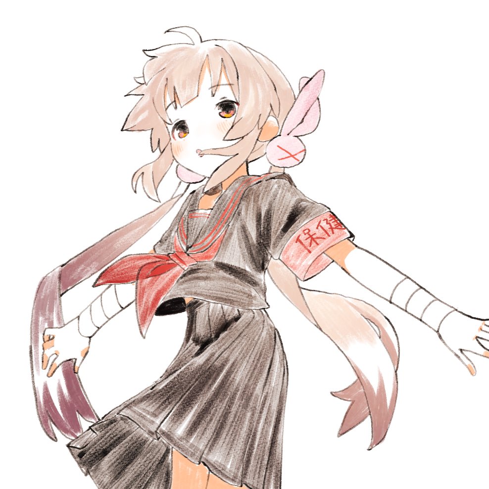 1girl, bandaged_arm, bandages, black_sailor_collar, black_serafuku, black_shirt, black_skirt, brown_eyes