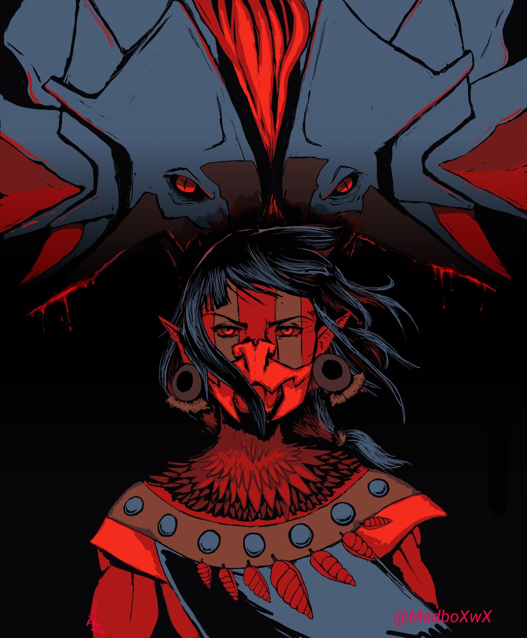 1boy, aztec, dark-skinned_male, dark_skin, facial_mark, highres, looking_at_viewer, madboxwx