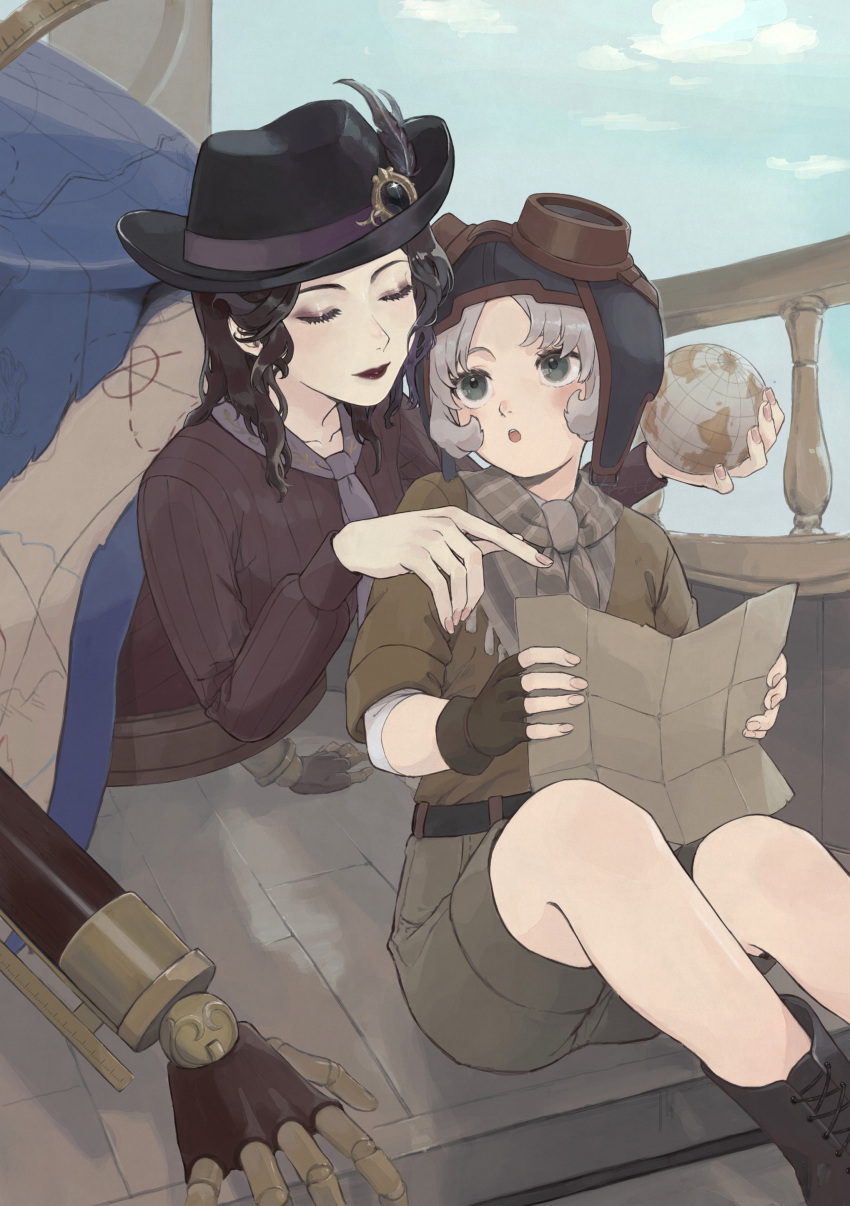 2girls, :o, absurdres, amputee, aviator_cap, aviator_goggles, banister, black_eyeshadow, black_hair, black_hat, black_lips, blue_eyes, blue_sky, bob_cut, closed_eyes, eyeshadow, fingerless_gloves, globe, gloves, green_eyes, grey_hair, hat, highres, holding, identity_v, lipstick, looking_at_another, makeup, map, mechanical_arms, multiple_girls, pointing, prosthesis, prosthetic_arm, prosthetic_hand, scarf, sencharotte, short_hair, shorts, sky, tracy_reznik, violetta_(identity_v)