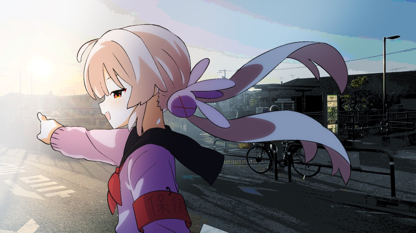 1girl, armband, bicycle, black_sailor_collar, blonde_hair, commentary_request, floating_hair, from_side