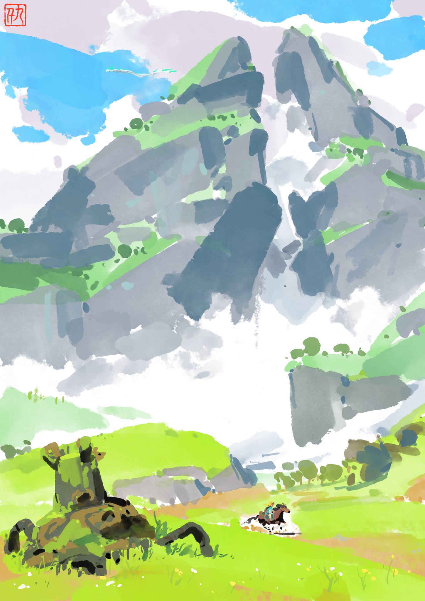 1boy, abandoned, blue_sky, clouds, cloudy_sky, grass, guardian_(zelda), highres