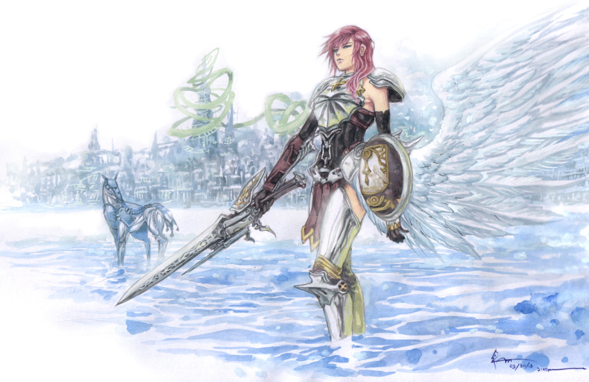1girl, 2013, absurdres, arm_shield, armor, armored_boots, armored_leotard, barding, black_gloves, blue_eyes, boots, breastplate, buckler, building, city, dated, dominic_ian_cabatit, elbow_gloves, feathered_wings, final_fantasy, final_fantasy_xiii, final_fantasy_xiii-2, full_body, gloves, green_ribbon, gunblade, highres, holding, holding_sword, holding_weapon, horse, leotard, lightning_farron, loincloth, long_hair, nick-ian, outdoors, pauldrons, pelvic_curtain, pink_hair, pink_lips, ribbon, shield, shoulder_armor, signature, skyline, solo, sword, thigh_boots, timestamp, wading, water, weapon, white_wings, wings