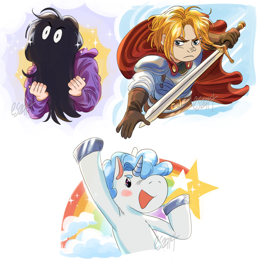 1girl, 2boys, :d, armor, artist_name, belt, black_hair, blonde_hair