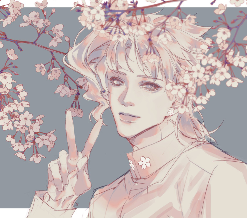 1boy, adam's_apple, alternate_earwear, branch, cherry_blossoms, closed_mouth, commentary_request, earrings, eyelashes, flower_earrings, highres, itsoraoraoraora, jewelry, jojo_no_kimyou_na_bouken, kakyoin_noriaki, korean_commentary, looking_at_viewer, male_focus, monochrome, short_hair, solo, stardust_crusaders