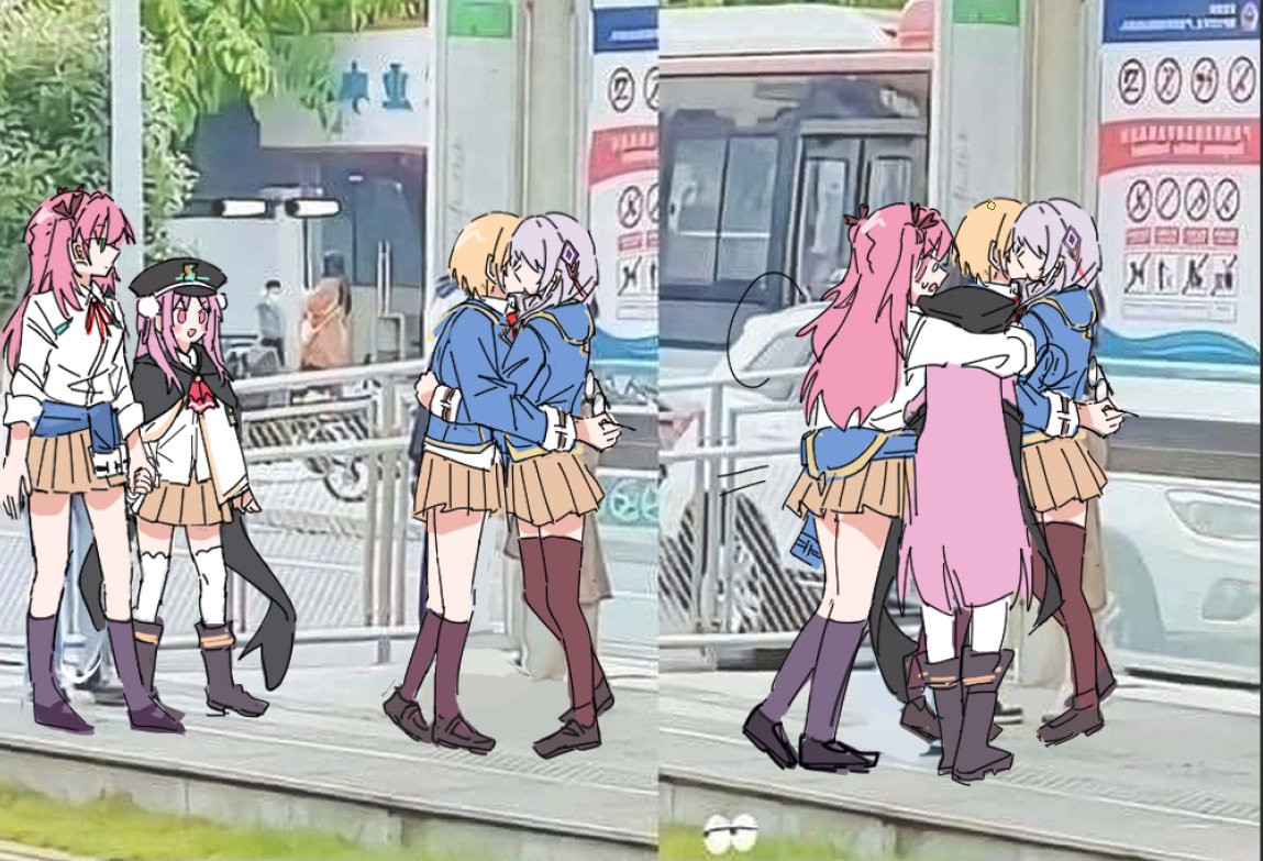 4girls, aikawa_megumi, blonde_hair, blue_jacket, double_bun, green_eyes, grey_hair, hair_bun