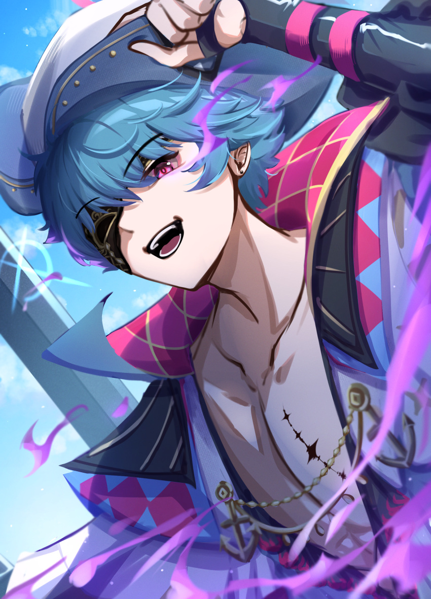 1boy, absurdres, blue_hair, blue_sky, brant_(wuthering_waves), collarbone, commentary, day