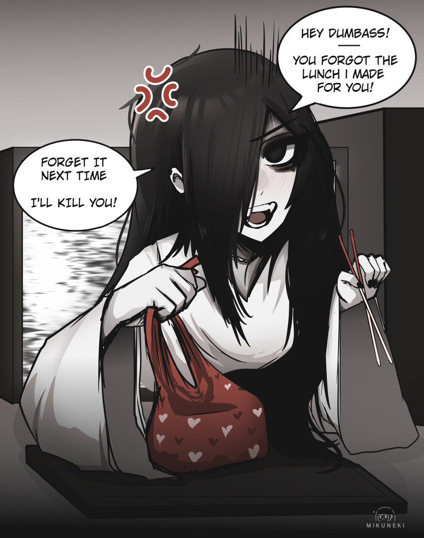 1girl, absurdres, anger_vein, artist_name, bag, bags_under_eyes, black_eyes, black_hair