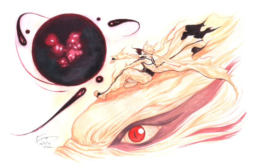 1boy, alternate_form, aura, bijuu_dama, black_shirt, coat, dominic_ian_cabatit, energy_ball, facial_mark, floating_clothes, from_side, highres, long_coat, naruto_(series), naruto_shippuuden, nick-ian, on_animal, on_head, open-toe_shoes, outstretched_arm, outstretched_hand, pants, powering_up, profile, red_eyes, shirt, short_hair, sitting, sitting_on_animal, slit_pupils, spiky_hair, uzumaki_naruto, whisker_markings, yellow_coat, yellow_pants