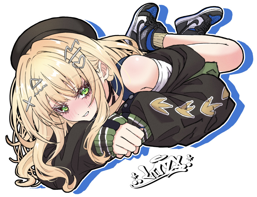 1girl, absurdres, air_jordan_1, beret, black_jacket, blonde_hair, blush, eyelashes