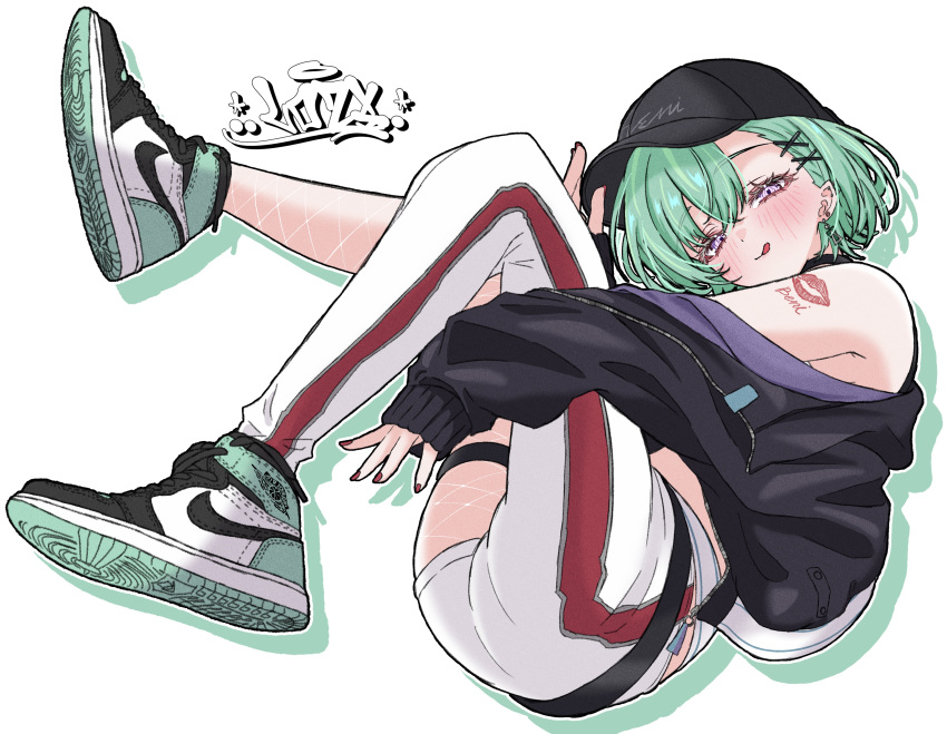 1girl, absurdres, adjusting_clothes, adjusting_headwear, air_jordan_1, asymmetrical_pants, baseball_cap, bird