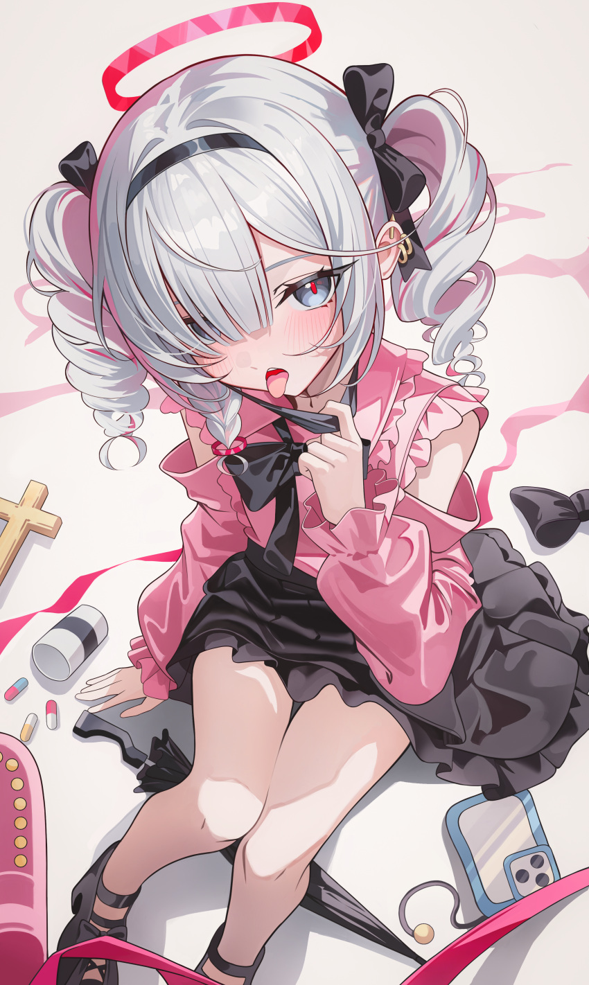 1girl, absurdres, alternate_costume, black_bow, black_bowtie, black_hairband, black_sandals, black_shoes