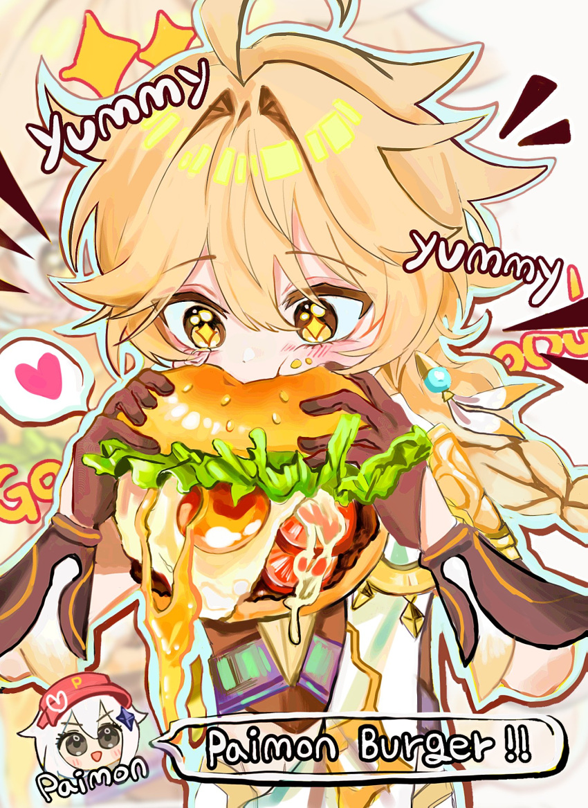 1boy, 1girl, aether_(genshin_impact), blonde_hair, blush, burger, ckiows, commentary