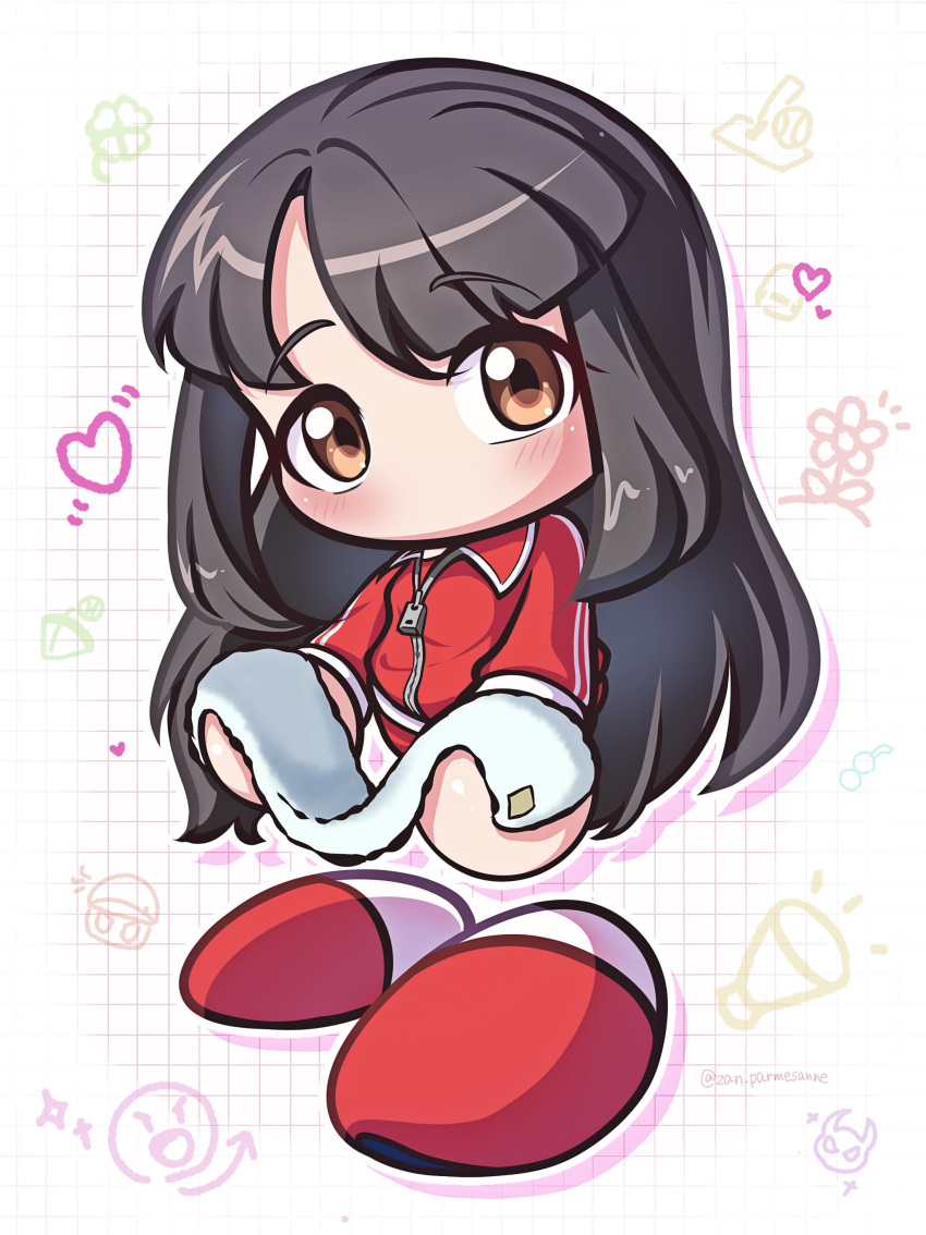 1girl, absurdres, black_hair, blush, brown_eyes, character_request, chibi, heart
