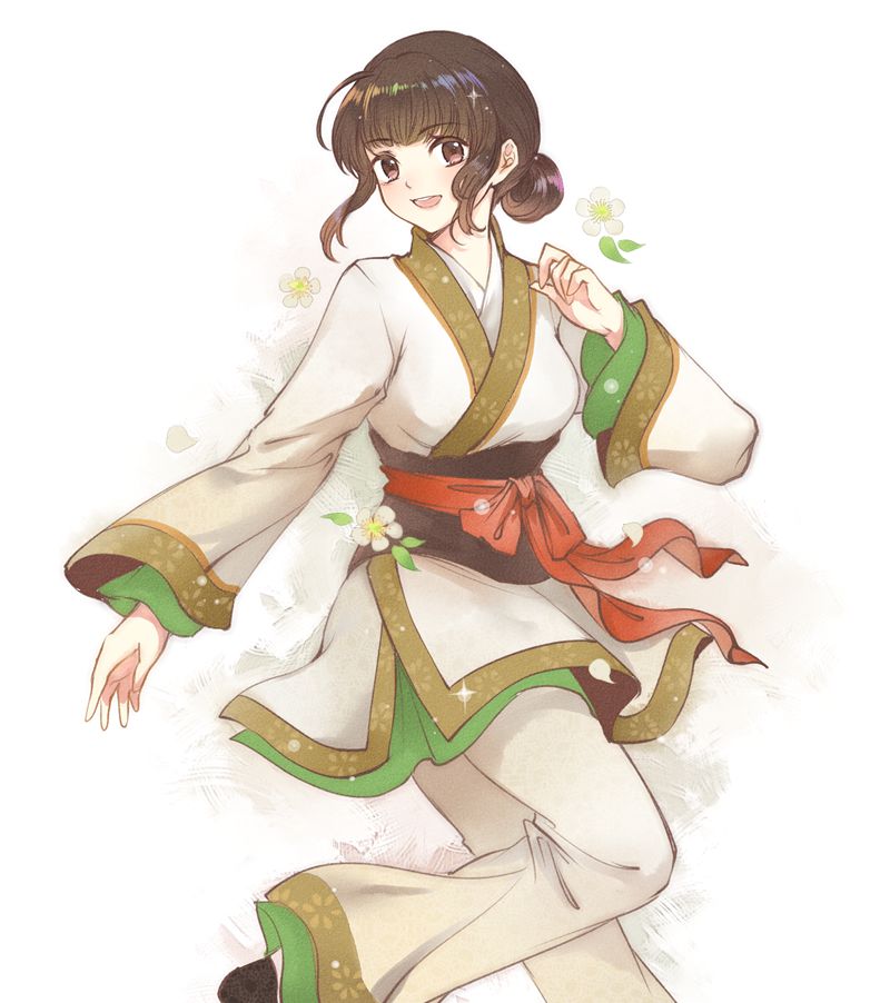 1girl, black_eyes, black_hair, catbone, chinese_clothes, flower, girdle, looking_at_viewer