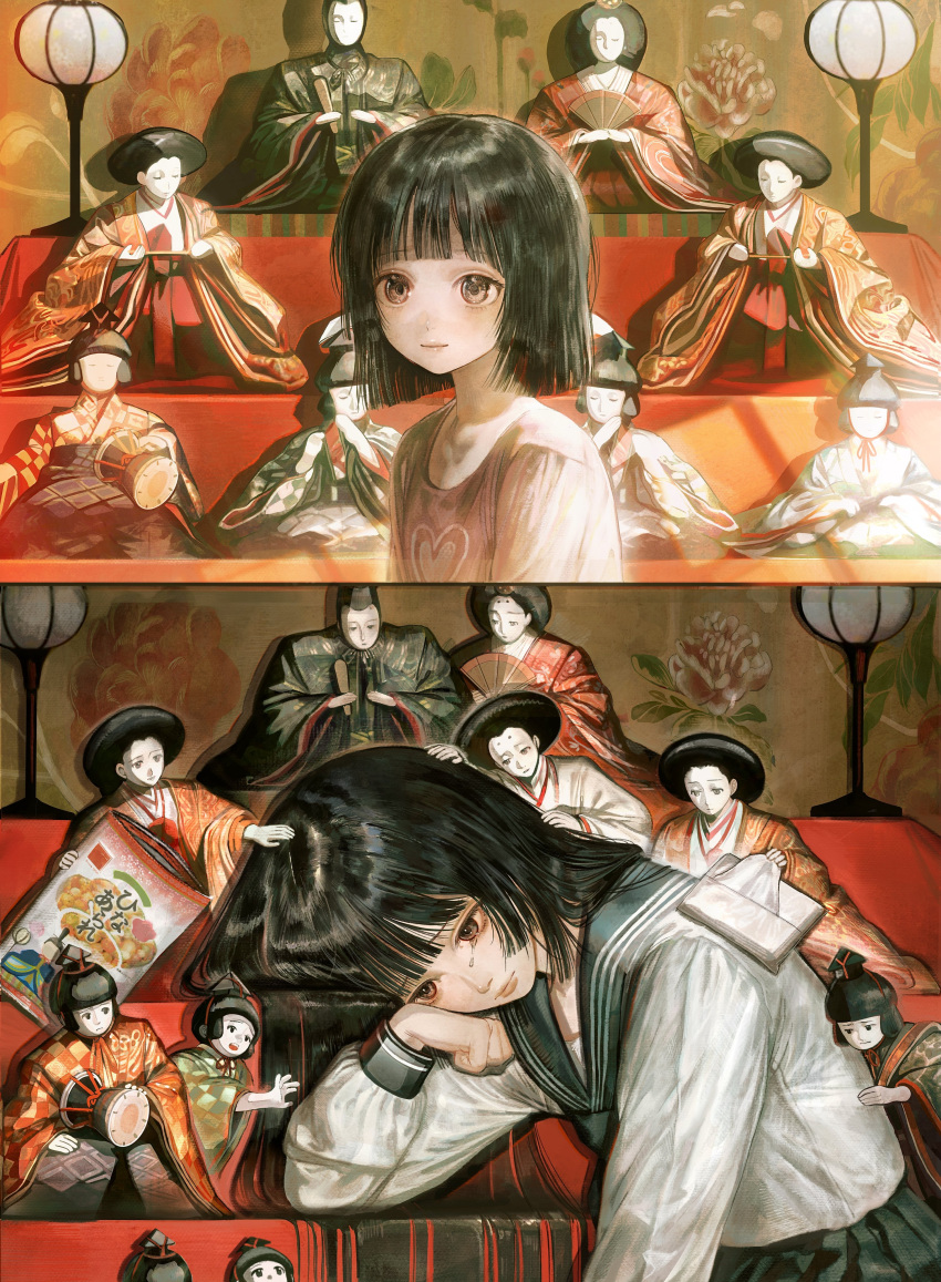 1girl, absurdres, age_comparison, arm_rest, black_hair, blunt_bangs, blunt_ends, brown_eyes, commentary_request, food_wrapper, green_sailor_collar, green_skirt, hair_flowing_over, hand_on_another's_head, head_rest, highres, hina_arare, hina_ningyou, hinadan, hinamatsuri, ikuta41, original, personification, pleated_skirt, sad, sailor_collar, sailor_shirt, school_uniform, shirt, skirt, snack, tears