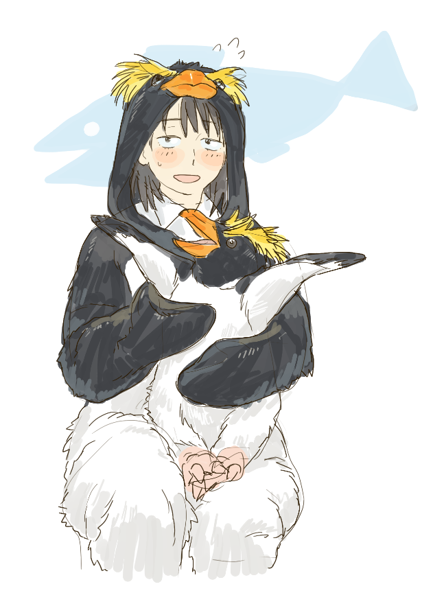 1girl, animal, animal_costume, animal_hood, bird, black_eyes, black_hair, blush, collared_shirt, flying_sweatdrops, futsuu_no_keion-bu, glub000, hatono_chihiro, holding, holding_animal, hood, hood_up, looking_at_viewer, penguin, penguin_costume, penguin_hood, rockhopper_penguin, sanpaku, scene_reference, shirt, simple_background, sitting, solo, white_background, white_shirt