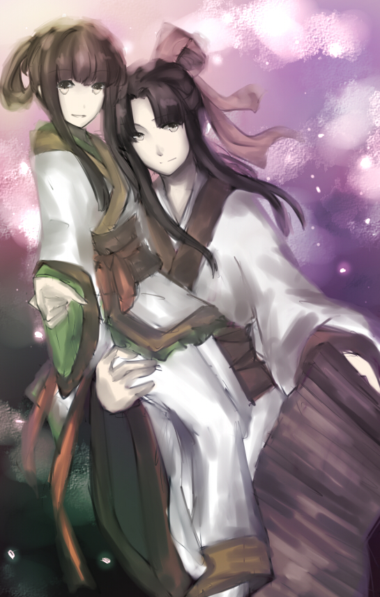 bamboo_slips, black_eyes, black_hair, chinese_clothes, couple, girdle, hair_ornament, long_hair, looking_at_viewer, purple_background, smile, virno, xuan-yuan_sword