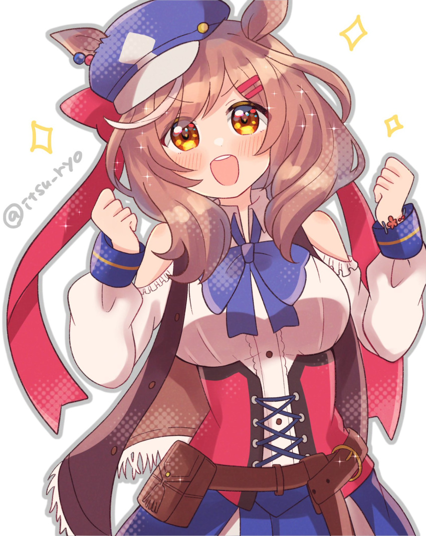 1girl, animal_ears, belt_buckle, blush, breasts, brown_hair, buckle, commentary_request