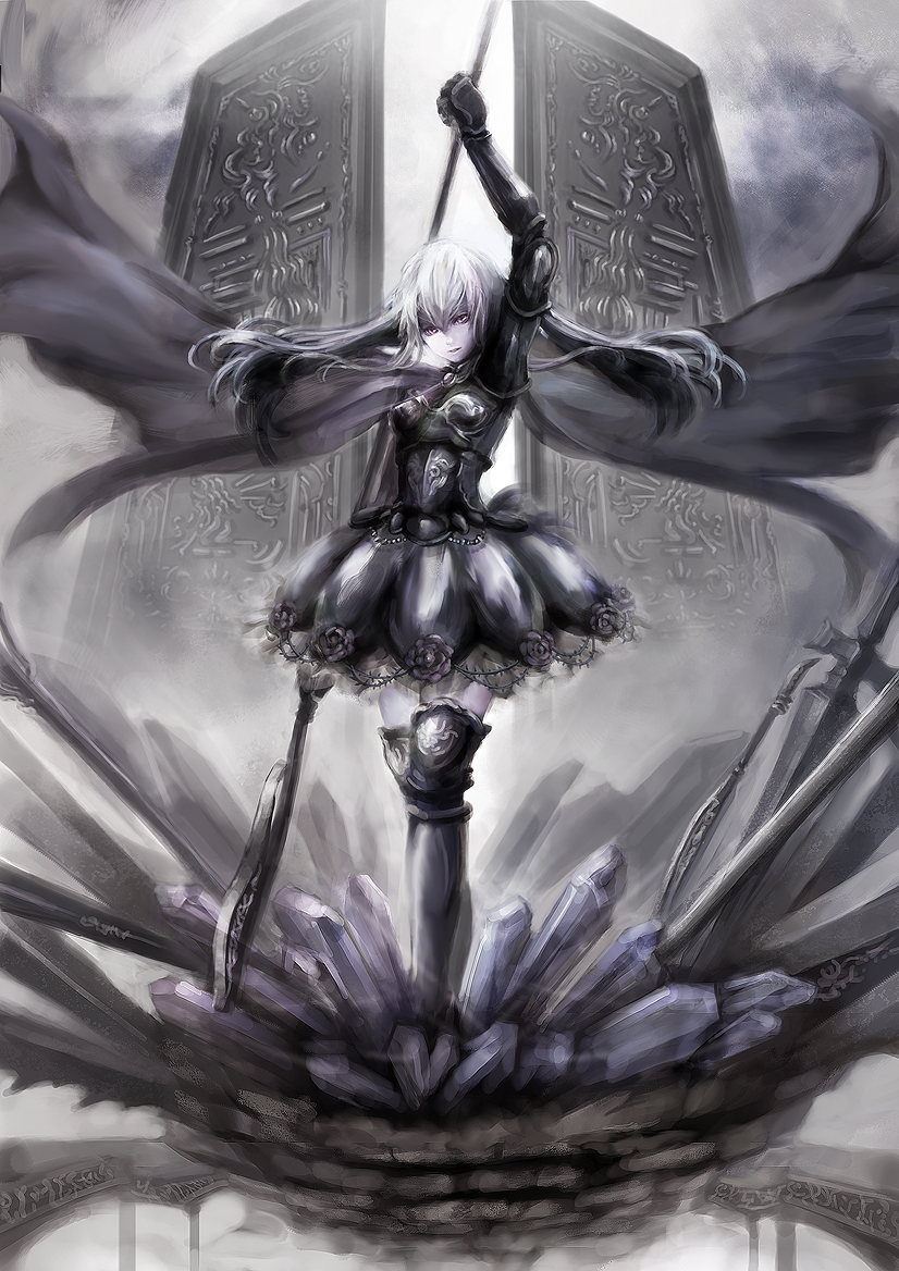 black_rose, black_rose_(flower), dress, flower, long_hair, pixiv_fantasia, pixiv_fantasia_5, polearm