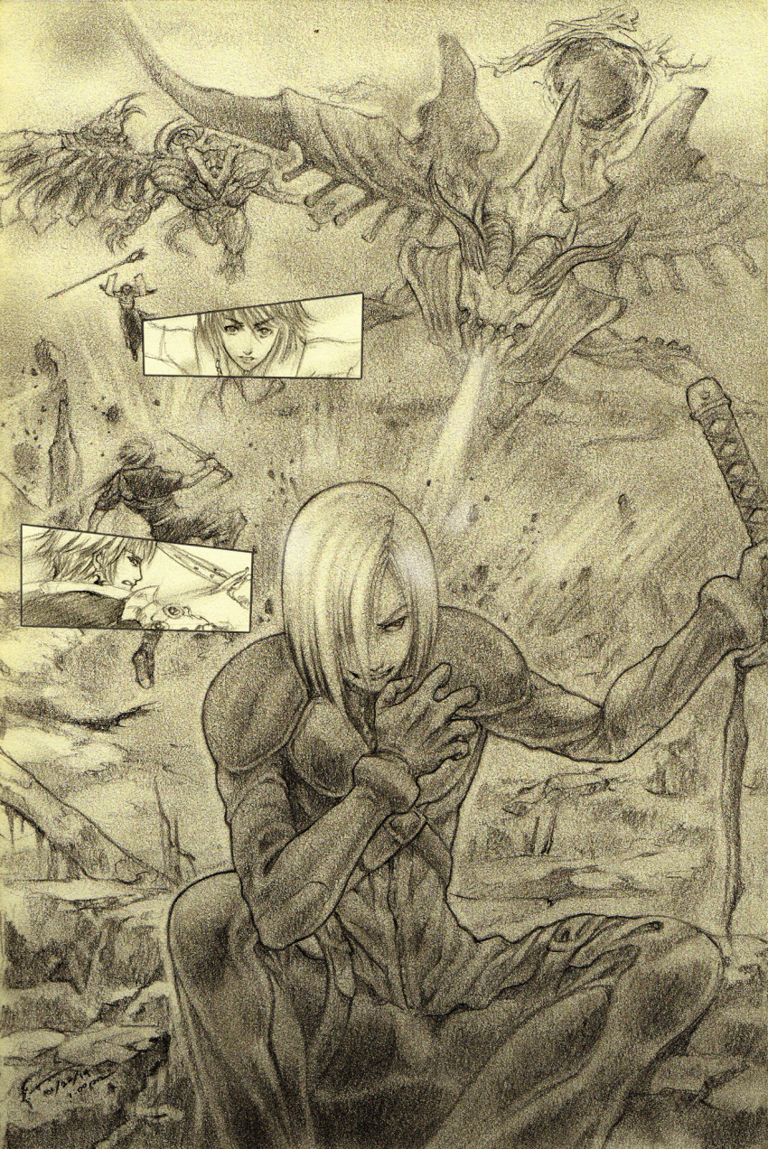 1girl, 2boys, bahamut_(final_fantasy), bahamut_shin, battle, breath_weapon, chest_strap, cut-in