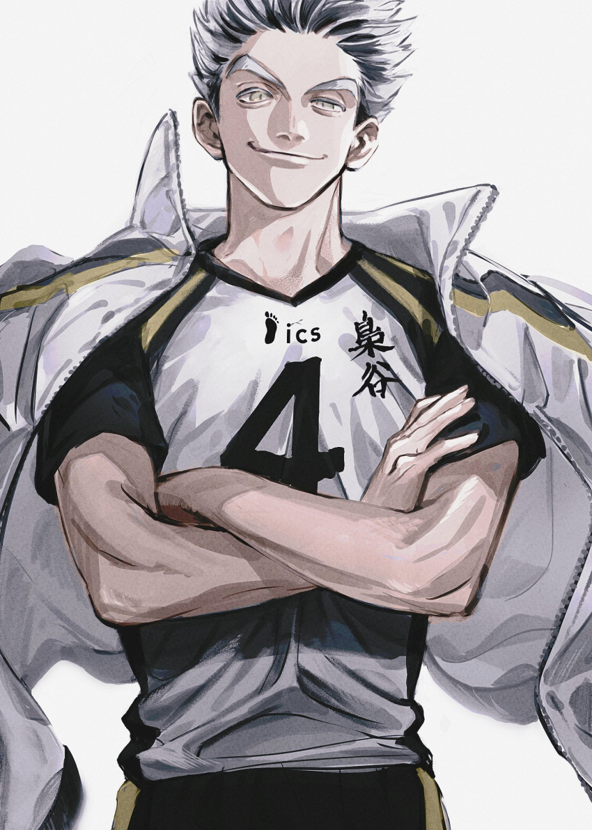 1boy, black_hair, bokuto_koutarou, closed_mouth, collared_jacket, cowboy_shot, crossed_arms, en_q