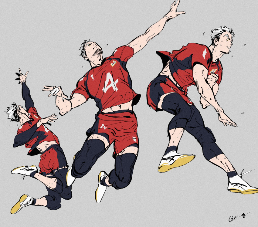 1boy, arm_up, black_hair, black_socks, bokuto_koutarou, commentary, compression_sleeve, en_q