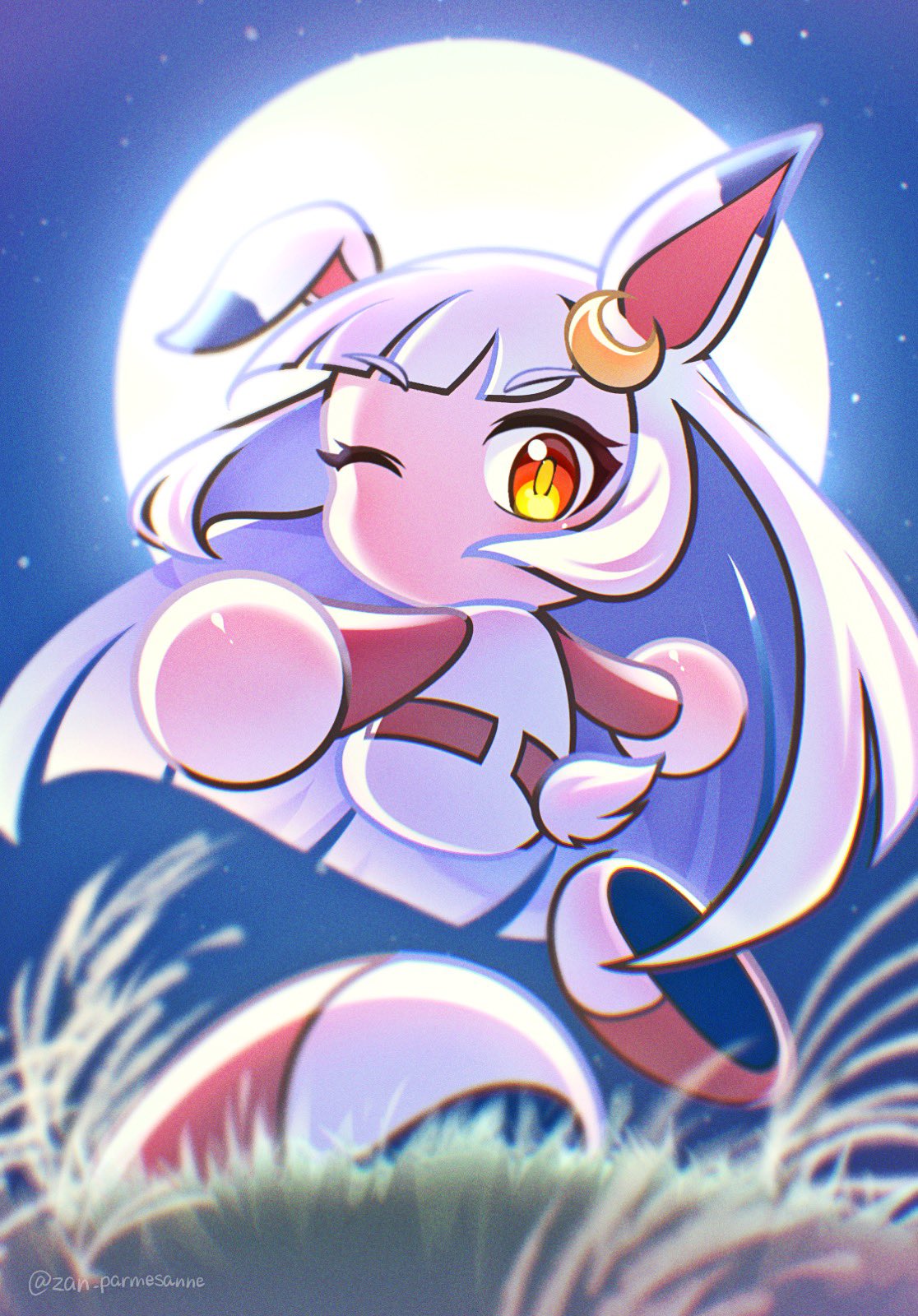 1girl, animal_ears, chibi, full_body, full_moon, grass, highres, jikkyou_powerful_pro_yakyuu