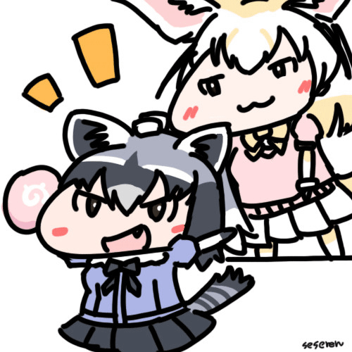 animal_ears, animated_gif, common_raccoon_(kemono_friends), fang, fennec_(kemono_friends), fennec_ears, fox_ears, headpat